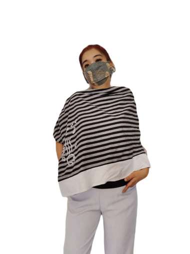 Blus Bali Atasan Border Lurik Asimetris Ponco Linen Putih Gesyal Monokrom Sabrina M-L