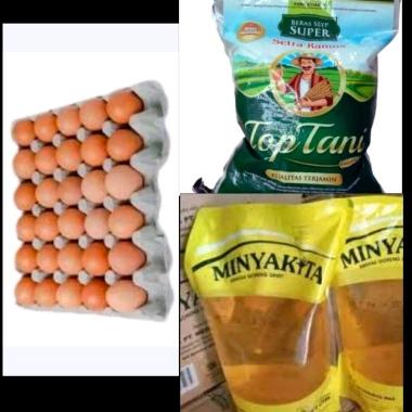 paket bundle beras top tani 5 kg + telur 1 tray + minyak goreng kita 2 Liter