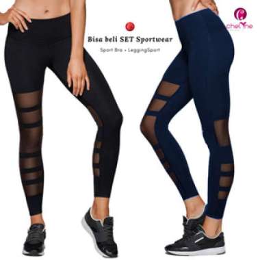 Chelyne T1720 Tile Panjang Legging Sport Celana Olahraga Wanita Biru Dongker