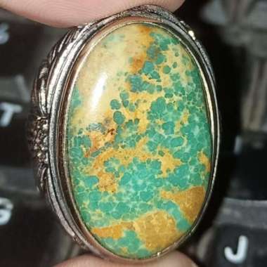 Cincin Batu Akik Natural Turquoise Pyrus Pirus Persia Iran Hijau Ijo Green Lawas Urat Emas Ceplok Ku
