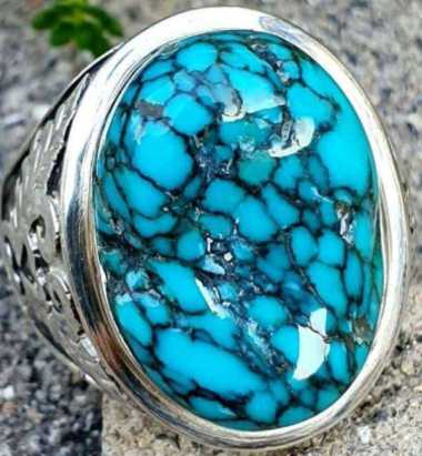 Cincin Batu Akik Natural Turquoise Pyrus Pirus Tibet Hubei Xinjiang Biru Fancy Royal Blue Lawas Urat