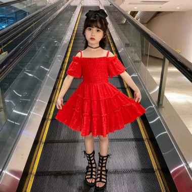 Midi Dress Anak Sabrina Off Shoulder Lengan Pendek Smock Tali Bahu Ruffle Rempel Susun Polos Selutut