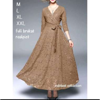 Maxi Dress Wanita Brukat V neck Tali Pinggang lengan 3/4 Fit Cassual Kecil (S/M) Biru Wardah