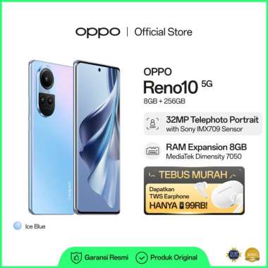 OPPO Reno10 5G 8/256 GB [32 MP Telephoto Potrait-RAM Expansion 8GB- 67W SUPERVOOC- 1200Hz 3D Curved Screen] Blue Tebus Murah TWS