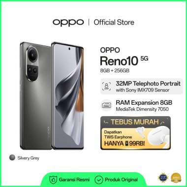 OPPO Reno10 5G 8/256 GB [32 MP Telephoto Potrait-RAM Expansion 8GB- 67W SUPERVOOC- 1200Hz 3D Curved Screen] Grey Tebus Murah TWS