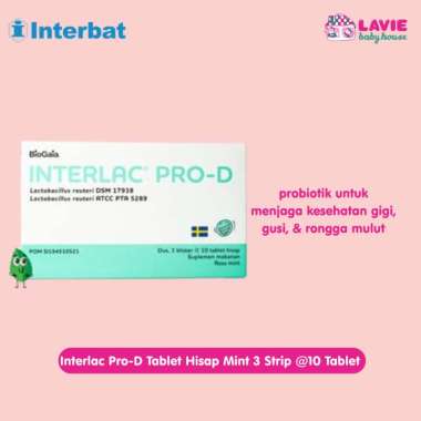 Interlac Pro-D Tablet Hisap Mint 3 Strip @10 Tablet - Probiotik untuk Menjaga Kesehatan Gigi, Gusi &