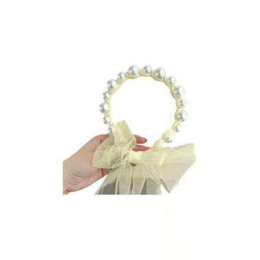 ONE-C935 Bandana Mutiara Pita Tulle Panjang Bisa diikat Wanita Korea / Bando Mutiara Tali Kepang Rib