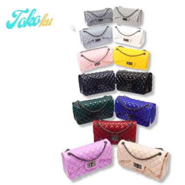 TAS SELEMPANG JELLY GLOSSY IMPORT SIZE 22 RANTAI HITAM MAROON