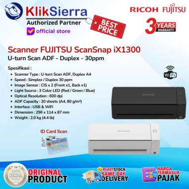 RICOH iX1300 Scanner ScanSnap - U-turn Scan ADF Duplex WiFi 30ppm - FUJITSU iX-1300 ( Pengganti S130