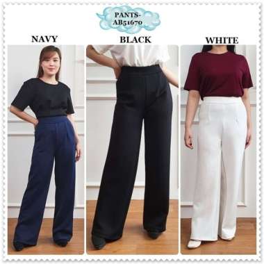 AB51670 Celana Panjang Kulot Kerja High Waist Wanita Korea Scuba Hitam Putih Pink Navy Grey Orange