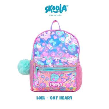Skoola Tas Anak Perempuan PAUD Remaja Ransel Unicorn Mermaid Hologram Waterproof - Loel CAT HEART