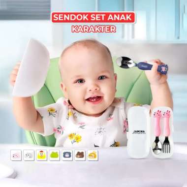 OEM ONE-C962 Sendok Set Anak Karakter Animal Stainless Steel Alat Makan / Peralatan Makan Motif Kart