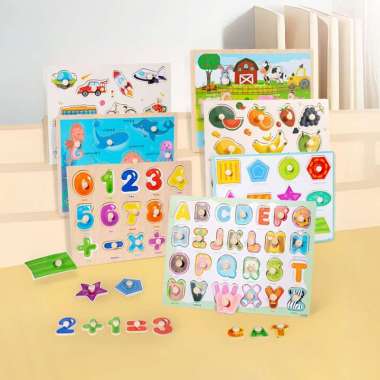 OEM ONE-M324 Puzzle Kayu Knob Mainan Kayu Puzzle Angka Abjad Anak / Mainan Edukasi Anak Wooden Puzzl