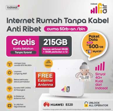 Huawei B320 Hifi Air Indosat Modem WiFi Wireless Router 4G CPE LTE Free Kuota 180GB