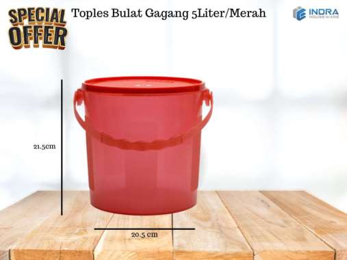 INDRA HOUSEWARE Toples Plastik Bulat Gagang 5 Liter – Toples Peyek / Toples Kerupuk Merah