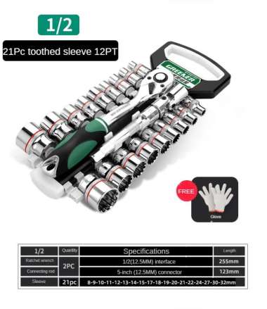 GREENER Ratchet Socket Set 21 Pcs - Kunci Shock Sock 1/2 Inch 12PT