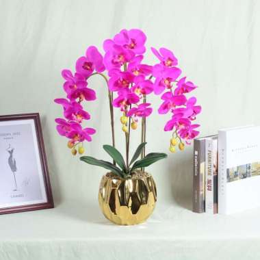 Vas Bunga Gold Orchid Flower Vase / Pajangan Bunga Anggrek Besar / Dekorasi Vas Bunga Anggrek Putih