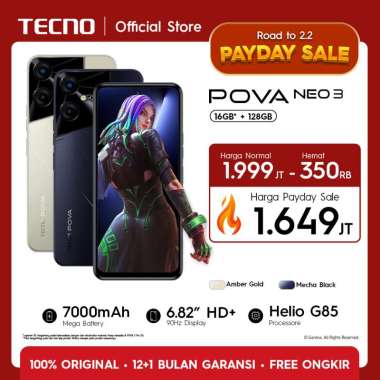 TECNO POVA NEO 3 - 8+8GB*+128GB, 7000mAh+18W Flash Charging, Helio G85, 90Hz+6,82" HD+, 6W Reverse Charging, NFC, Android 13, Garansi 12+1 Bulan