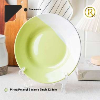 Piring Pelangi 2 Warna Stoneware Keramik 9inch 22,8cm Polos Hijau