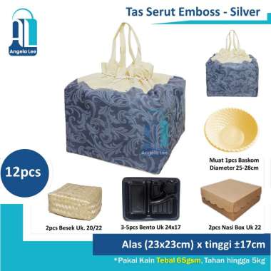 12pcs Tas Kain Emboss Serut Pita Motif Mewah Berkatan Hajatan 22x22cm Serut Silver