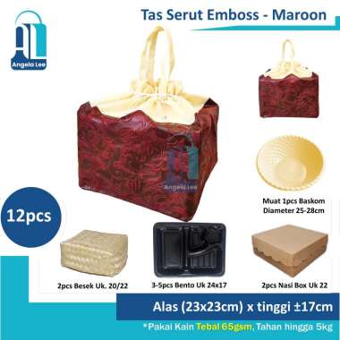 12pcs Tas Kain Emboss Serut Pita Motif Mewah Berkatan Hajatan 22x22cm Serut Maroon