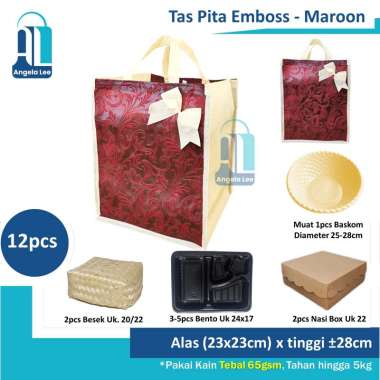 12pcs Tas Kain Emboss Serut Pita Motif Mewah Berkatan Hajatan 22x22cm Pita Maroon