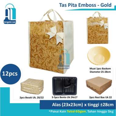 12pcs Tas Kain Emboss Serut Pita Motif Mewah Berkatan Hajatan 22x22cm Pita Gold