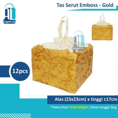 12pcs Tas Kain Emboss Serut Pita Motif Mewah Berkatan Hajatan 22x22cm Serut Gold