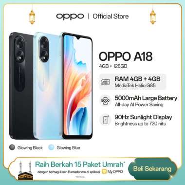 OPPO A18 4GB/128GB [5000mAh Large Battery, 90Hz Sunlight Display, IP54 Dust Water Resistance] Glowing Blue
