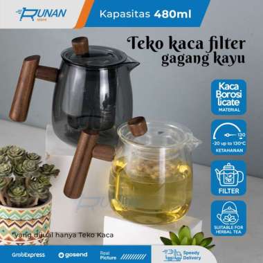 Teko Teh Kaca Infuser Tahan Panas Gagang Kayu - Teko Saringan Teh - Teko Unik - Teko Oriental hitam