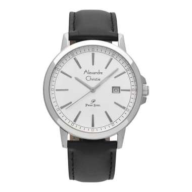 Jam Tangan Pria Alexandre Christie Primo Steel AC 1014 MD LSSSL Men Silver Dial Black Leather Strap