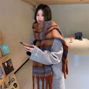 Scarf Panjang Tebal Wanita Pria Hangat / Syal Leher Wool Musim Dingin Komb.Cokelat