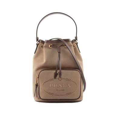 Prada Jacquard Canvas Duet Medium Bucket Shoulder Bag Brown Brown