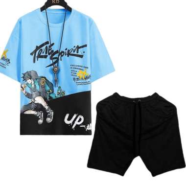 MILLION-Setelan Baju Kaos Spirit Lengan Pendek Dan Celana Pendek Polos Pria Biru Hitam / HITAM XL