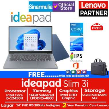 Lenovo Ideapad Slim 3i i5-12450H 512GB SSD 16GB IPS Win11+OHS Artic Grey