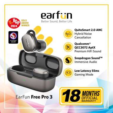 EarFun Free Pro 3 - Black - The Most Compact Snapdragon Sound TWS with ANC Black