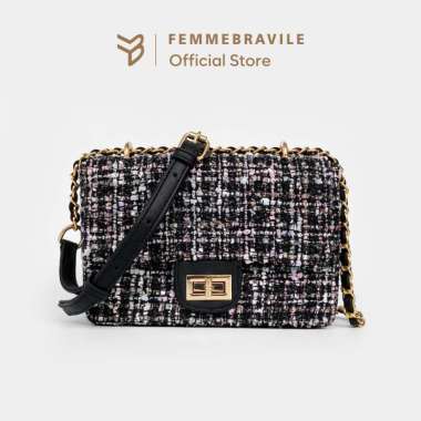 Femmebravile Sling Bag Tas Selempang Wanita Fashion Women Shoulder bag Clara Tweed Bag Black