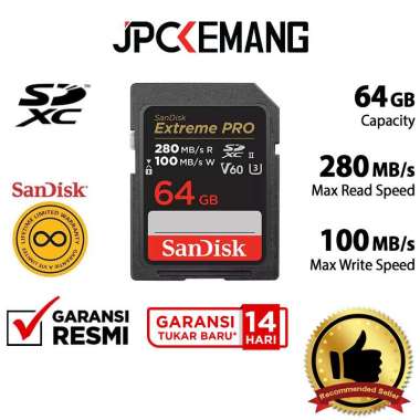 JPC KEMANG Sandisk SDXC Extreme Pro 64GB UHS-II 280MB/s Sandisk SDHC 64 GB Memory Card GARANSI RESMI