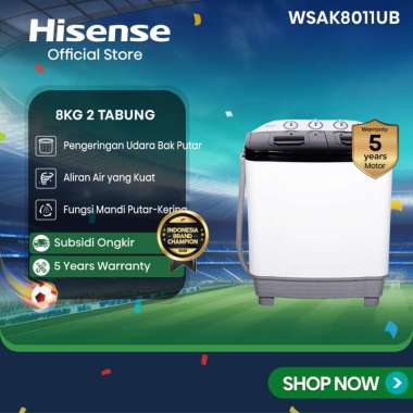 Hisense Mesin Cuci WSAK8011UB Top Loading Twintube Kapasitas 8KG 2 Tabung Bukaan Atas Pengeringan Ud