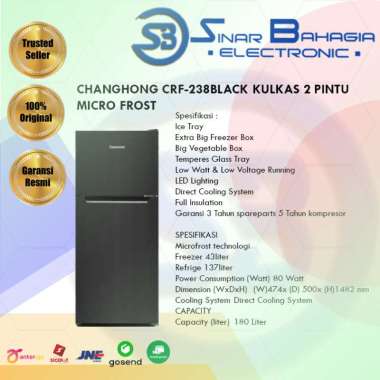 CHANGHONG CRF-238BLACK KULKAS 2 PINTU MICRO FROST (NEW) (KHUSUS BANDUNG)