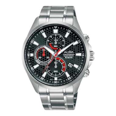 Jam Tangan Pria Alba Active AM3875X1 Chronograph Men Black Patterned Dial Stainless Steel Strap