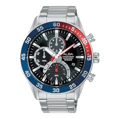 Jam Tangan Pria Alba Active AM3893X1 Chronograph Men Black Dial Stainless Steel Strap