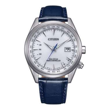 Jam Tangan Pria Citizen Eco-Drive CB0270-10A Radio Controlled White Dial Dark Blue Leather Strap