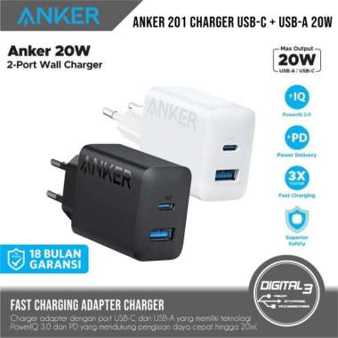 Anker 201 Wall Charger 20W Adapter USB C + A Fast Charging PD A2348 Hitam