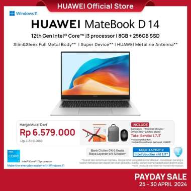 [Online Exclusive] HUAWEI MateBook D 14 i3-1215U | 8+256GB SSD | Sleek Full Metal Body | Win11 Laptop | Eye Comfort HUAWEI Fullview Display |