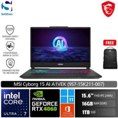 MSI Cyborg 15 AI A1VEK 007 Laptop Gaming [Ultra 7 155H/16GB/1TB SSD/RTX4060 8GB/15.6" FHD/Win 11 Hom