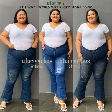 Afareen - Celana Jeans Cutbray Jumbo Wanita Highwaist Jeans Cutbray Stretch Big Size 35 BLUE