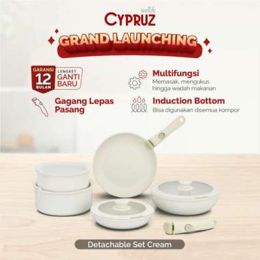 Cypruz Cookware Set Cream Marble Wajan Set Premium Anti Lengket 11 Pcs Gagang Bisa Dilepas