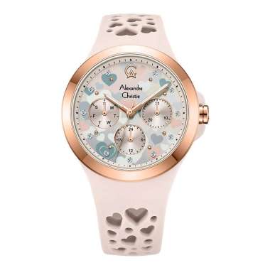 Jam Tangan Wanita Alexandre Christie Multifunction AC 2B04 BF RRGIV Ladies Pattern Dial Ivory Rubber