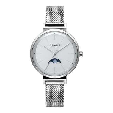 Jam Tangan Wanita Obaku V243LMCIMC Maane Steel Moonphase Silver Dial Stainless Steel Mesh Strap